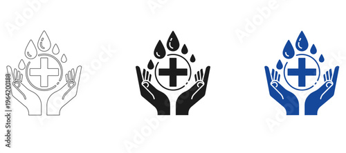 Hand Sanitizer and Medical Hygiene Icon Set, Animated Healthcare Protection Symbols with Water Drops and Medical Cross for Safety Guidelines