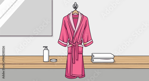 A pink bathrobe hangs on a hook next to a mirror and bathroom toiletries