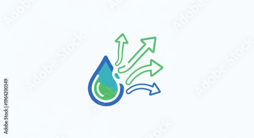 Colorful drop with emanating arrows indicating movement and evaporation