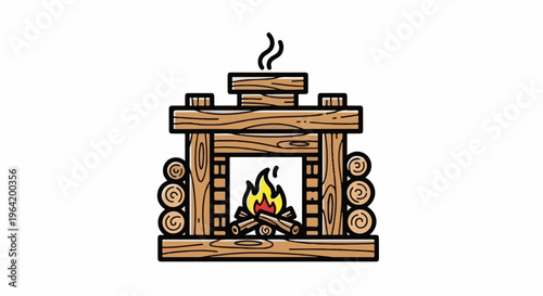 Rustic wooden fireplace with burning logs and smoke rising upwards