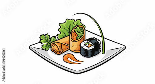 A plate with spring rolls, a sushi roll, and garnish