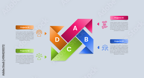 Cycle and circular base infographic with glossy gradient style with creative flipping ribbon on sharp flip with quadrant structure with four segment information