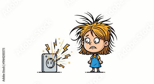Scared cartoon child looks at a sparking electrical outlet with lightning bolts