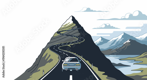 Scenic mountain road winding upwards with a lone car driving towards the peak