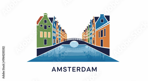 Colorful buildings line a canal with a bridge, reflecting in water