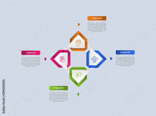 Cycle and circular base infographic with glossy gradient style with flipped arrow spreading all direction with four segment information