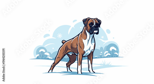 A proud boxer dog stands alert in a stylized snowy landscape
