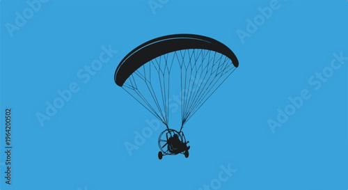 Silhouette of a powered paraglider soaring against a blue sky