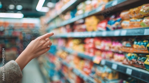 Person shopping for food at supermarket.