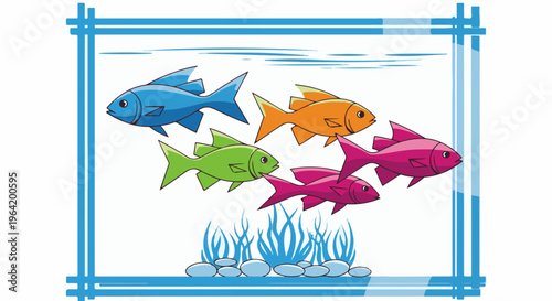 Cartoon illustration of five colorful fish swimming in an aquarium