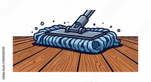 Blue mop cleaning wooden floor with bubbles