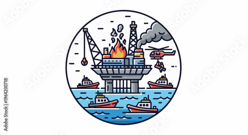 Offshore oil rig fire incident with rescue boats and helicopter