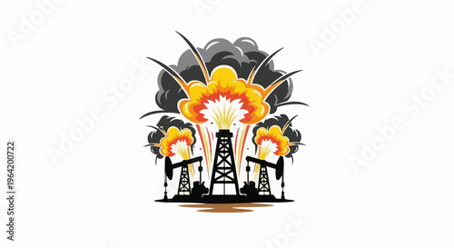 Oil rigs explode with plumes of dark smoke and vibrant fire bursts