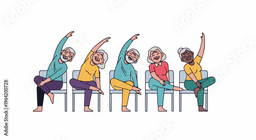 Diverse seniors performing seated stretching exercises on white background