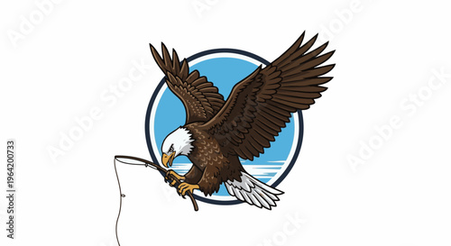 Bald eagle with wings spread holding fishing rod