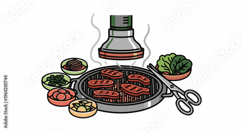 Barbecue grill with sizzling meat, side dishes, and greens