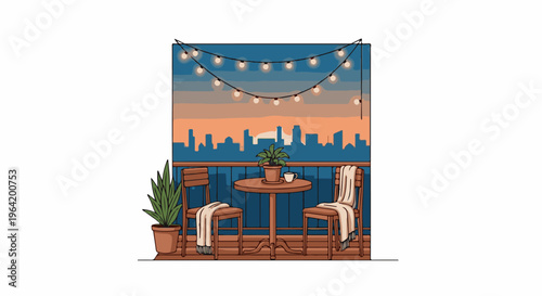 Balcony seating with string lights and city sunset view