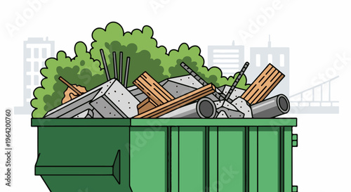 Green dumpster overflowing with construction debris against a city skyline
