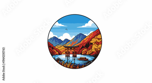 Autumnal scene with torii gate, mountains, lake, and boat, rendered in pixel art style