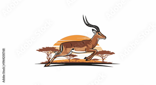 Stylized antelope leaps through savanna with acacia trees and sunset