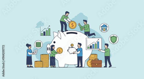 People saving coins in a piggy bank, with charts and icons representing finance