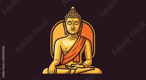 Golden Buddha meditating in orange robes against dark background