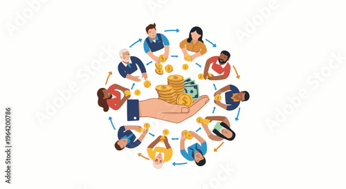 Diverse people contribute coins and bills, forming a cycle