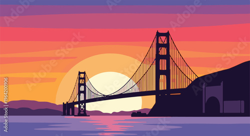 Pixel art of a suspension bridge at sunset with a large sun