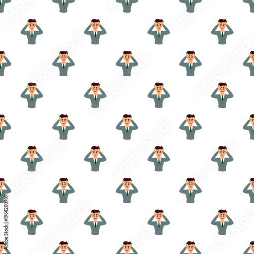 Seamless pattern featuring a stressed businessman experiencing headache and emotional despair