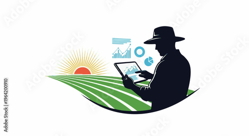 Farmer using tablet to analyze crop data in a field at sunrise