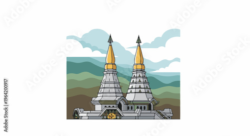 Pixel art depicting twin stupas against a layered mountainous landscape and sky