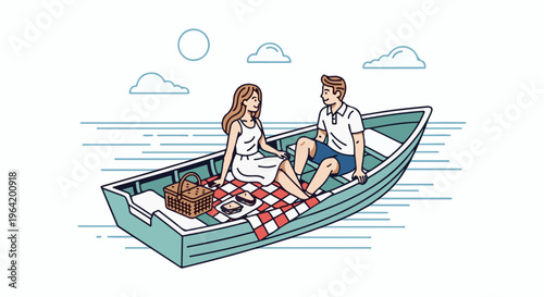Couple enjoys a romantic picnic on a serene boat ride under a sunny sky