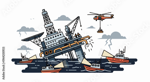 An offshore oil rig, tilting precariously amid stormy seas, with rescue boats and helicopter nearby
