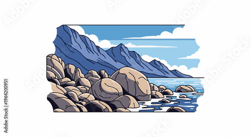 Pixel art rocky shoreline with mountains and clouds in blue hues