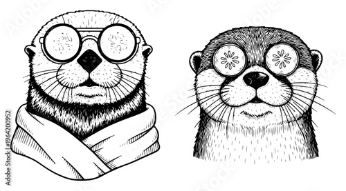 Cute otters wearing glasses and cucumber slices on eyes in vintage engraving style