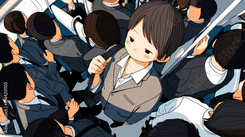 満員電車で通勤するスーツ姿の若い男性 混雑した車内を見下ろす俯瞰イラスト ビジネスマンの日常
