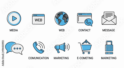 Diverse icons representing digital communication, e-commerce, and global reach