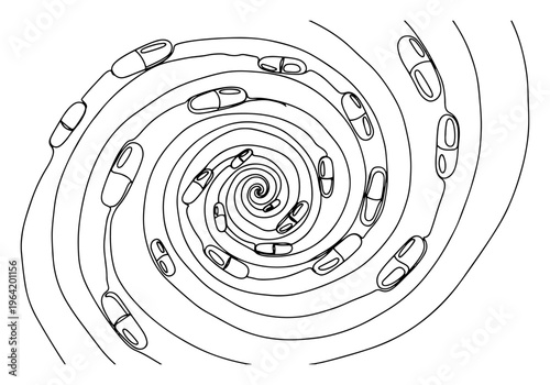 Medical pills and capsules swirling in a spiral vortex in minimalist line art style