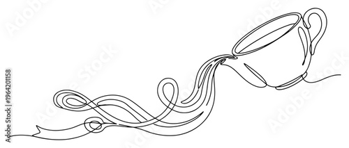 Coffee cup pouring liquid that flows into an elegant ribbon in one line drawing style