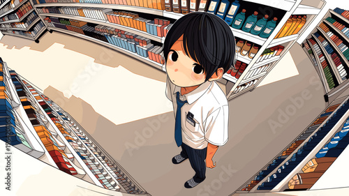 スーパーマーケットの通路で見上げる男子高校生 魚眼パースのイラスト