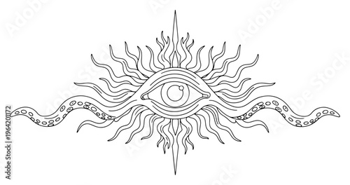 Mystic eye with sun rays and octopus tentacles in esoteric line art style