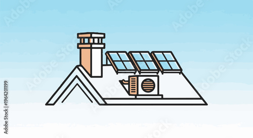 House rooftop with solar panels, chimney, and air conditioner unit