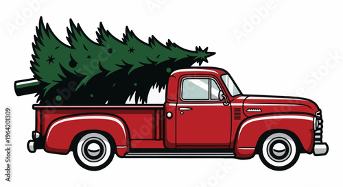Red vintage truck carrying a large green Christmas tree