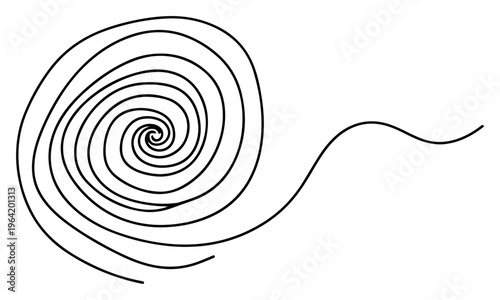 Spiral vortex with winding trailing line in minimalist one-line art style