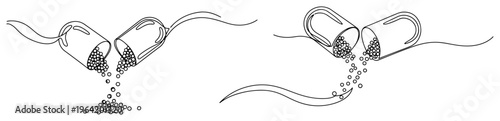 Open medical capsules spilling granules for healthcare and pharmacy themes in continuous line art style