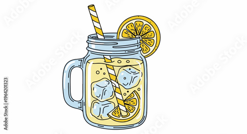 Refreshing lemonade with ice, lemon slices, and a straw in a jar