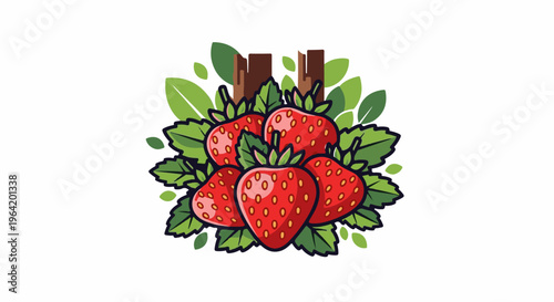 Ripe red strawberries with green leaves and brown accents