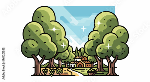 Verdant trees flank a charming villa on a sunny day in a rural landscape