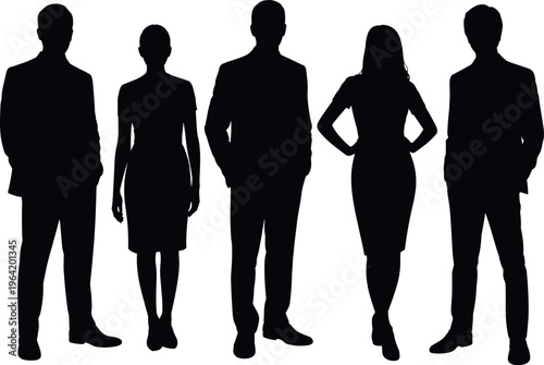 Business people silhouettes standing together in formal attire, representing corporate team, leadership, professionalism, collaboration, and modern workplace diversity concept