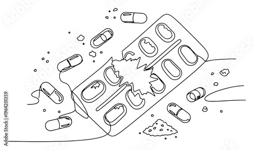 Blister pack and scattered capsules for pharmaceutical and medical concepts in one-line art style